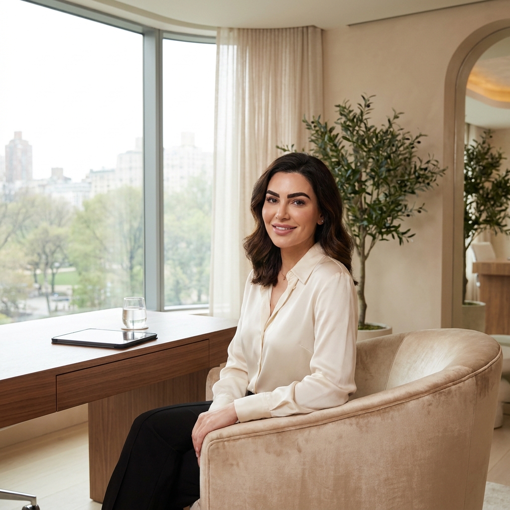 Woman with natural, well-defined eyebrows in an elegant NYC consultation setting for eyebrow transplant consultation New York City