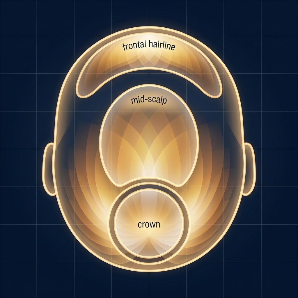 Zone-by-zone scalp density atlas illustrating FUE hair transplant results 12 months photo timeline progression