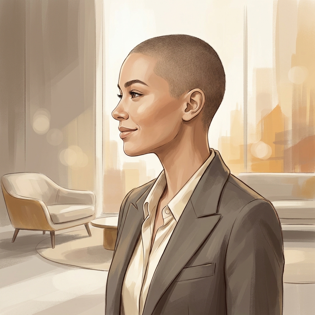 Confident person with restored scalp appearance, representing scalp micropigmentation for alopecia areata patches at a Manhattan clinic.