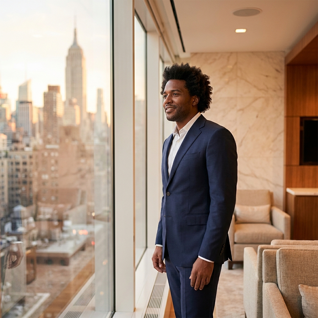Confident man with restored hairline in upscale Manhattan setting representing Hair Doctor NYC hairdoctornyc.com