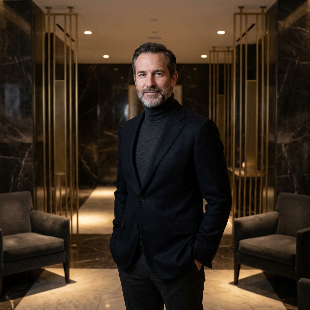 Confident man in a luxury hair transplant clinic lobby — evaluating what makes elite care worth it.
