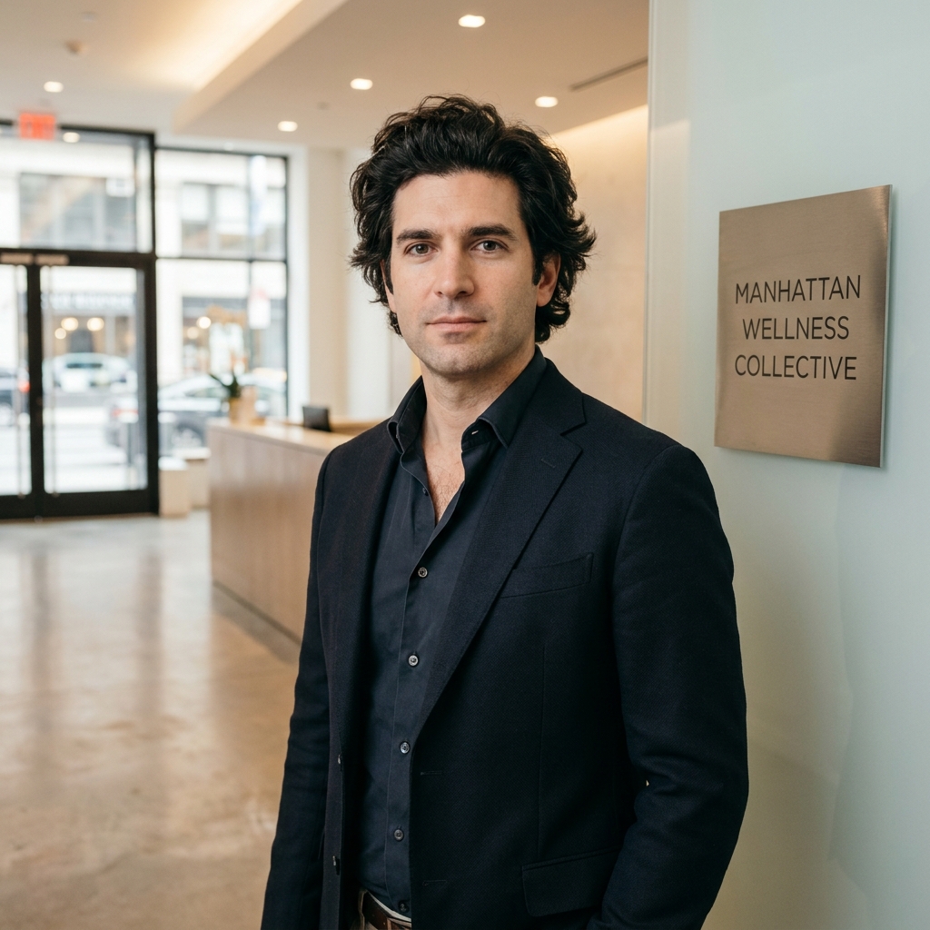 Confident man with natural hair in a modern NYC clinic, representing hair transplant for men after hair system use