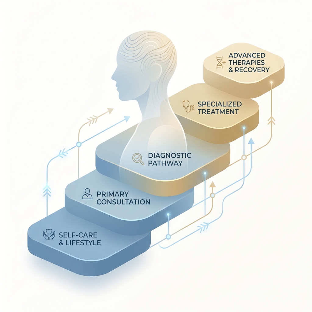 Tiered treatment framework illustration for alopecia areata treatment options overview showing staged care progression