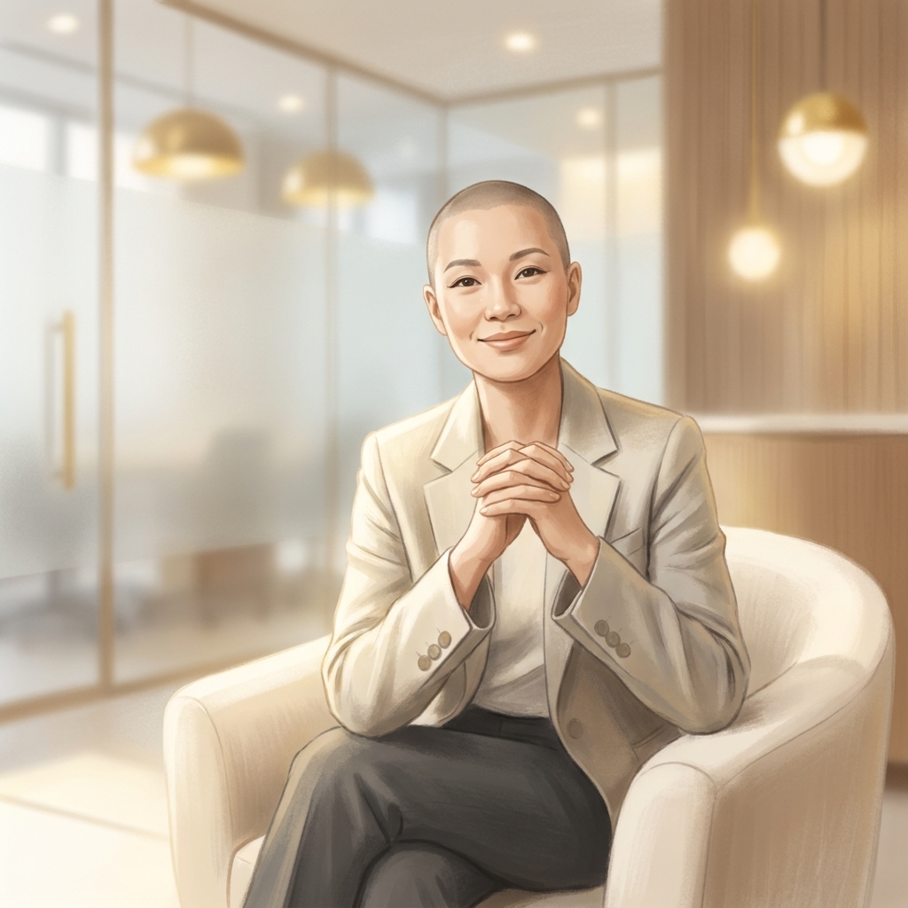 Confident person with shaved head in a calm, modern clinic setting, conveying what to expect from scalp micropigmentation