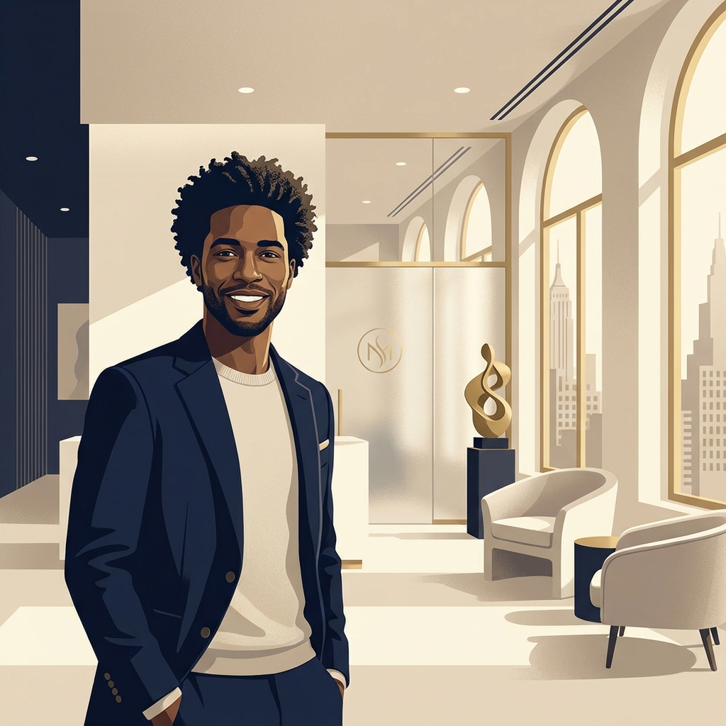 Confident man with restored hairline in a modern NYC hair restoration clinic, representing before and after hair transplant surgery results.