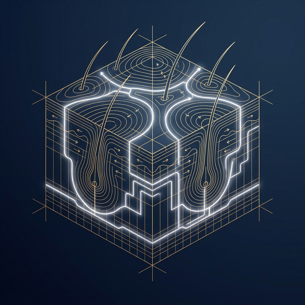 Elegant blueprint-style illustration representing hair transplant recipient site creation techniques as surgical cartography