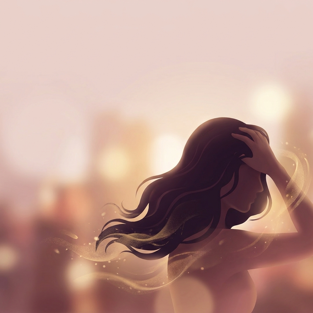 Woman with thinning hair reflecting on hair loss from iron deficiency anemia, warm editorial illustration