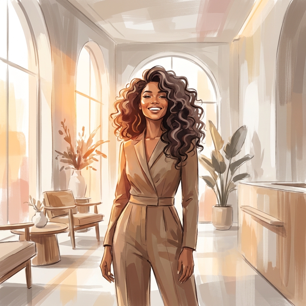 Confident person with beautiful hair in a modern clinic, representing gender affirming hair restoration options