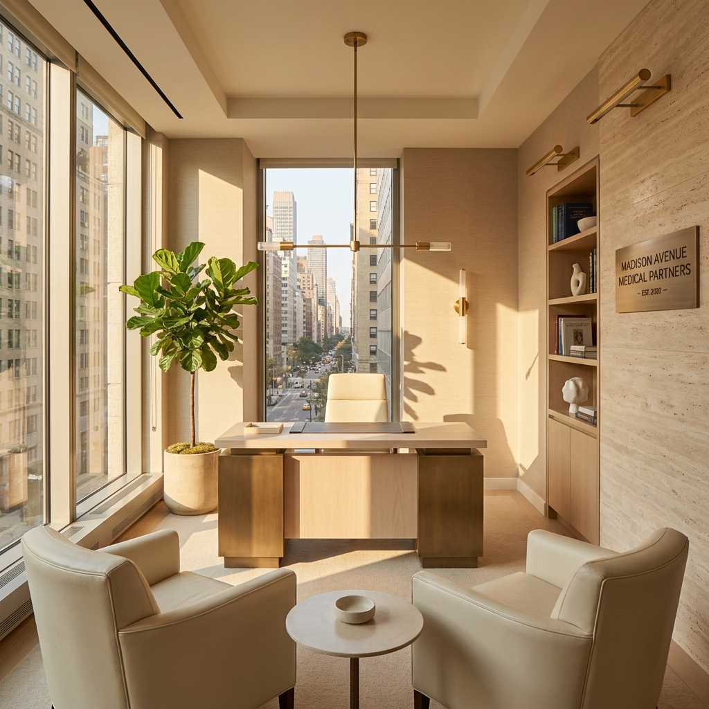 Elegant Midtown Manhattan hair restoration clinic consultation room representing premium hair restoration clinic options