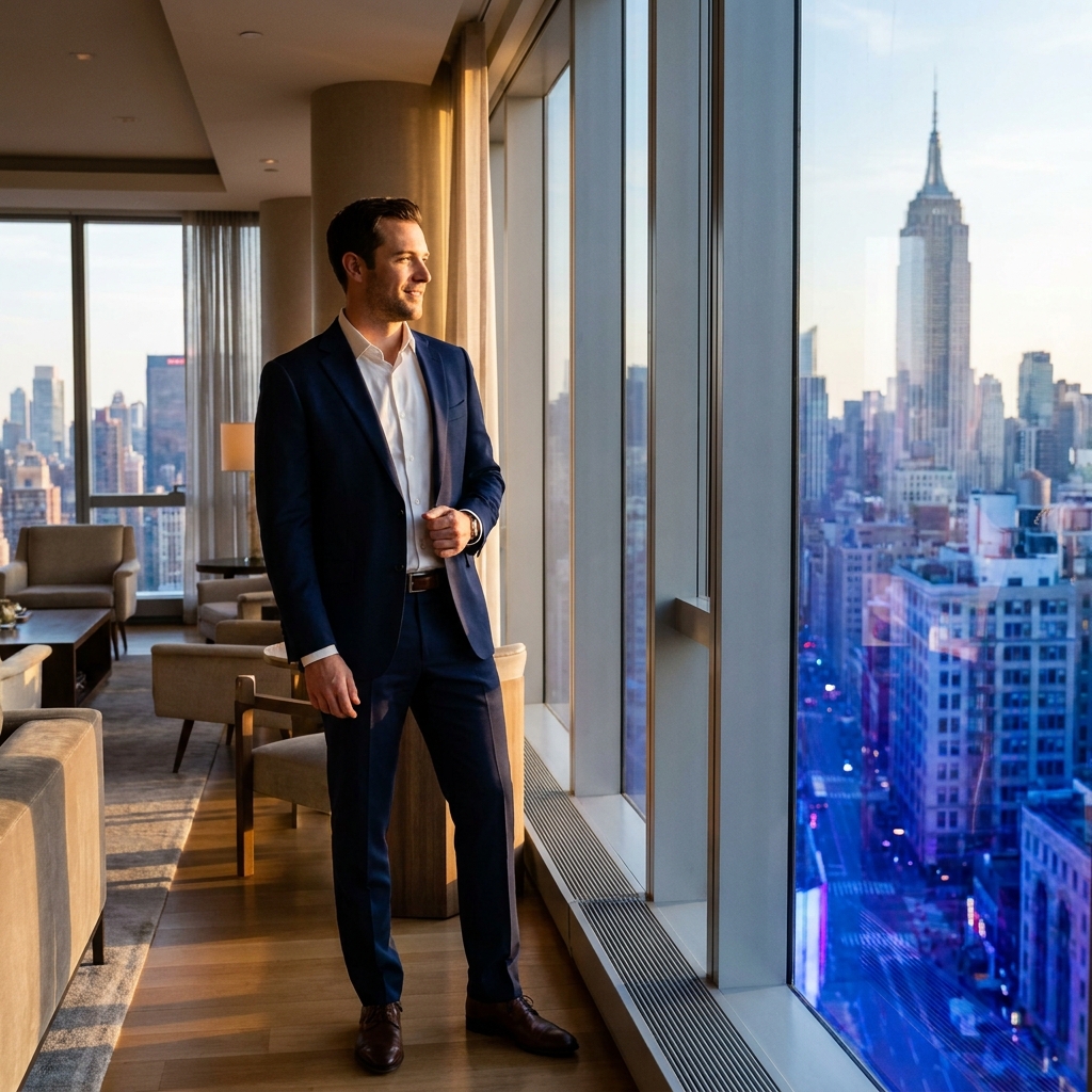 Confident man overlooking Manhattan skyline, representing men who travel to New York for hair transplant surgery