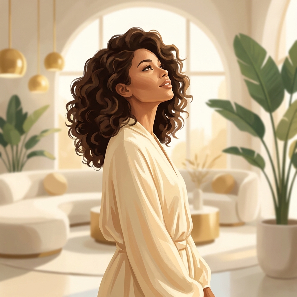 Confident woman with restored healthy hair in a modern wellness setting, representing hair restoration after weight loss surgery options