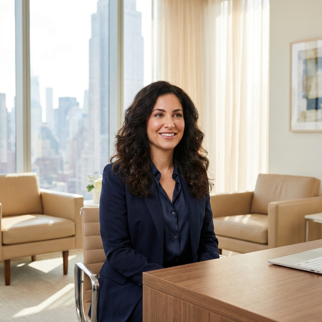 Confident woman with healthy full hair in a modern consultation setting, representing FUE hair transplant candidacy for women