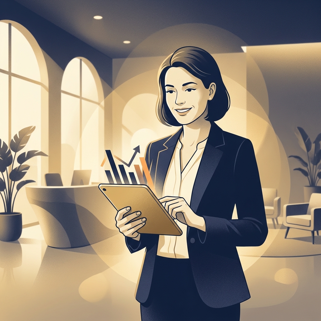 Confident person reviewing hair transplant financing options on a tablet in a modern luxury clinic setting