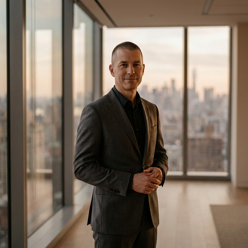 Confident man with sharp buzzed hairstyle in Manhattan clinic setting, representing scalp micropigmentation for men New York results