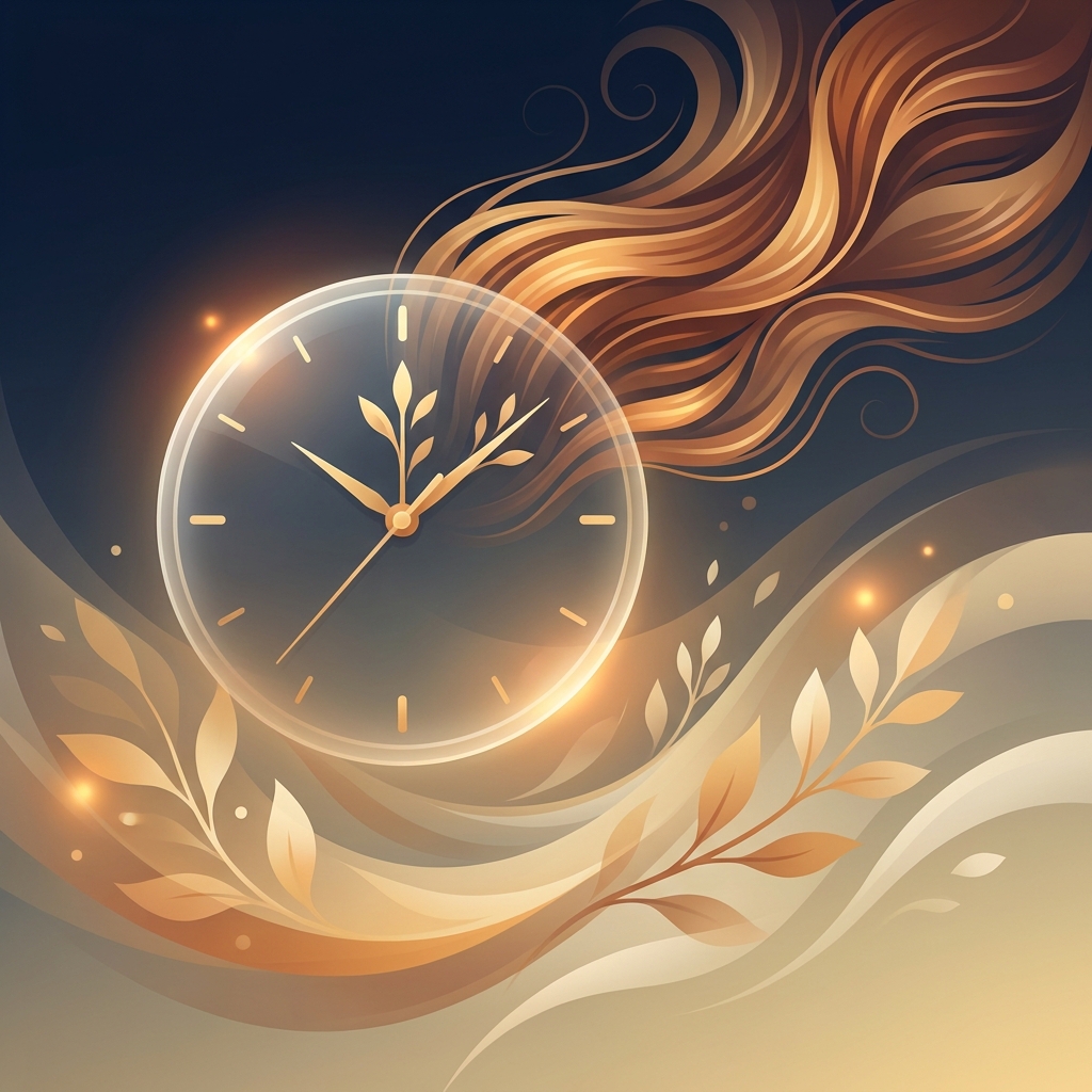 Conceptual illustration of a clock and flowing hair symbolizing the candidacy timeline for hair transplant for hypothyroidism related hair loss