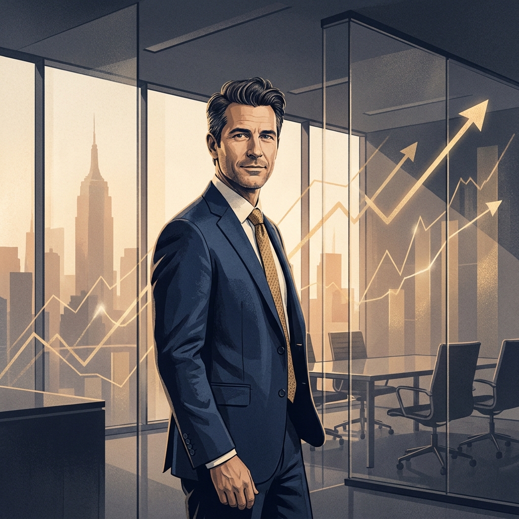 Confident man in Manhattan office with abstract financial growth charts — hair transplant worth it long term investment