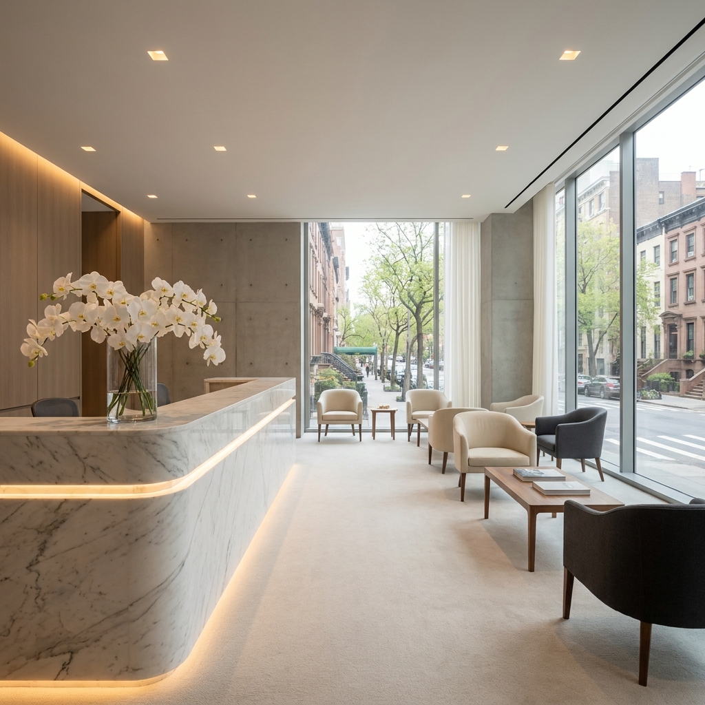 Elegant Stoller Medical Group hair restoration appointment clinic reception area in Midtown Manhattan