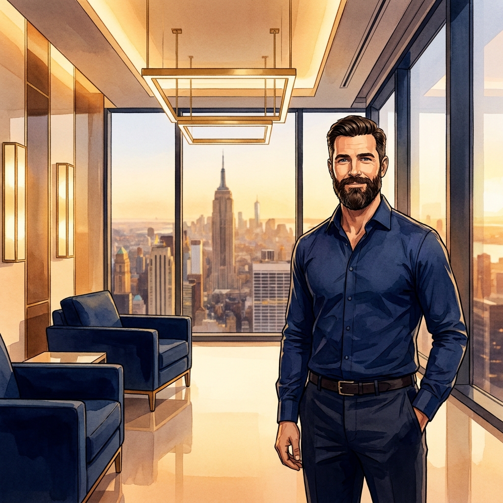 Confident man with a full beard in a modern NYC medical office, representing a beard transplant consultation NYC appointment.
