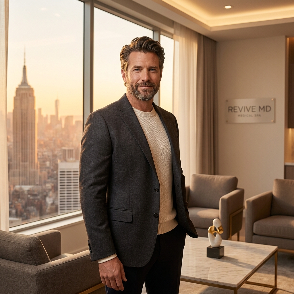 Confident man with restored hair overlooking Manhattan skyline, representing non surgery hair restoration results.