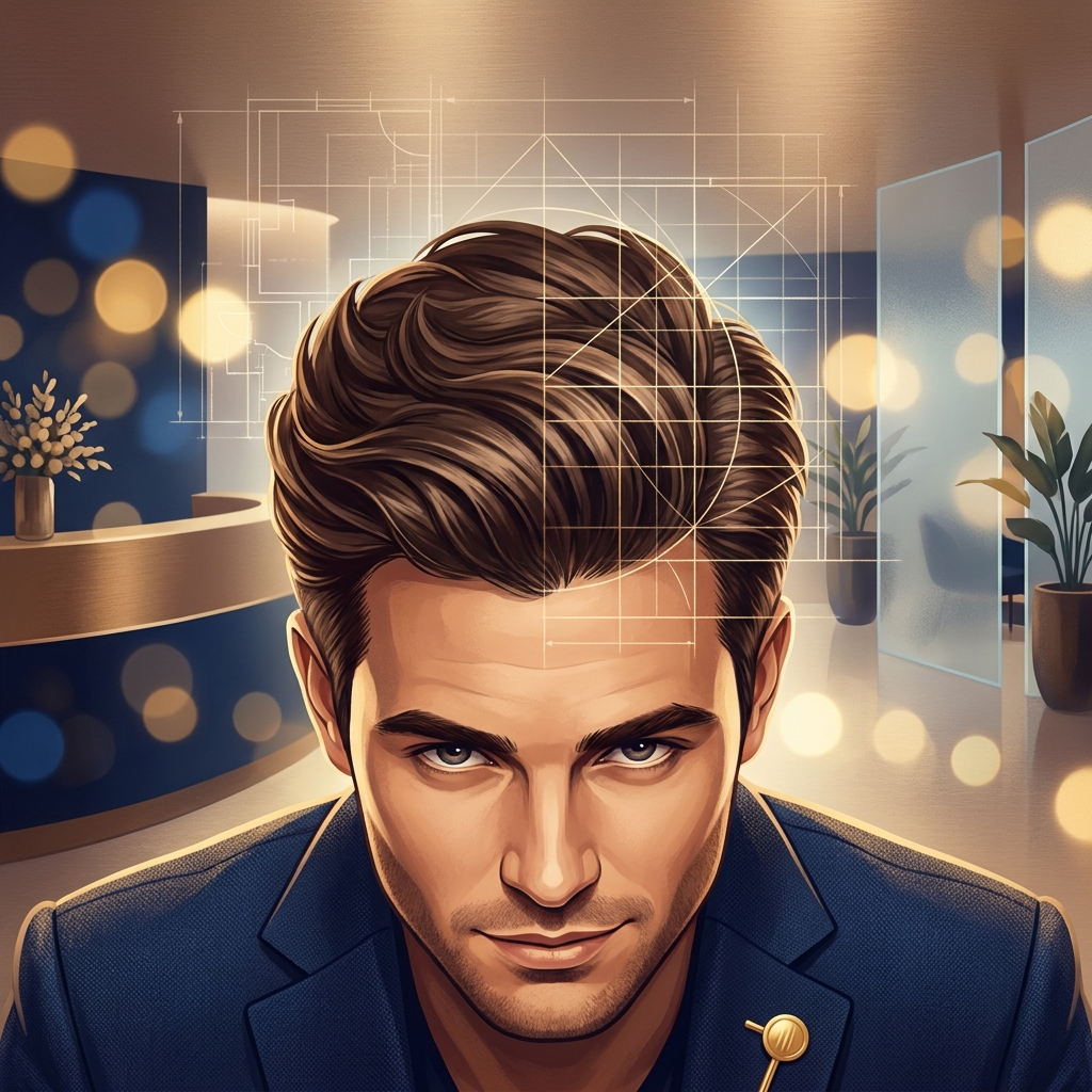 Illustrated man showing restored hairline and crown — hair transplant for men with vertex and frontal combined loss