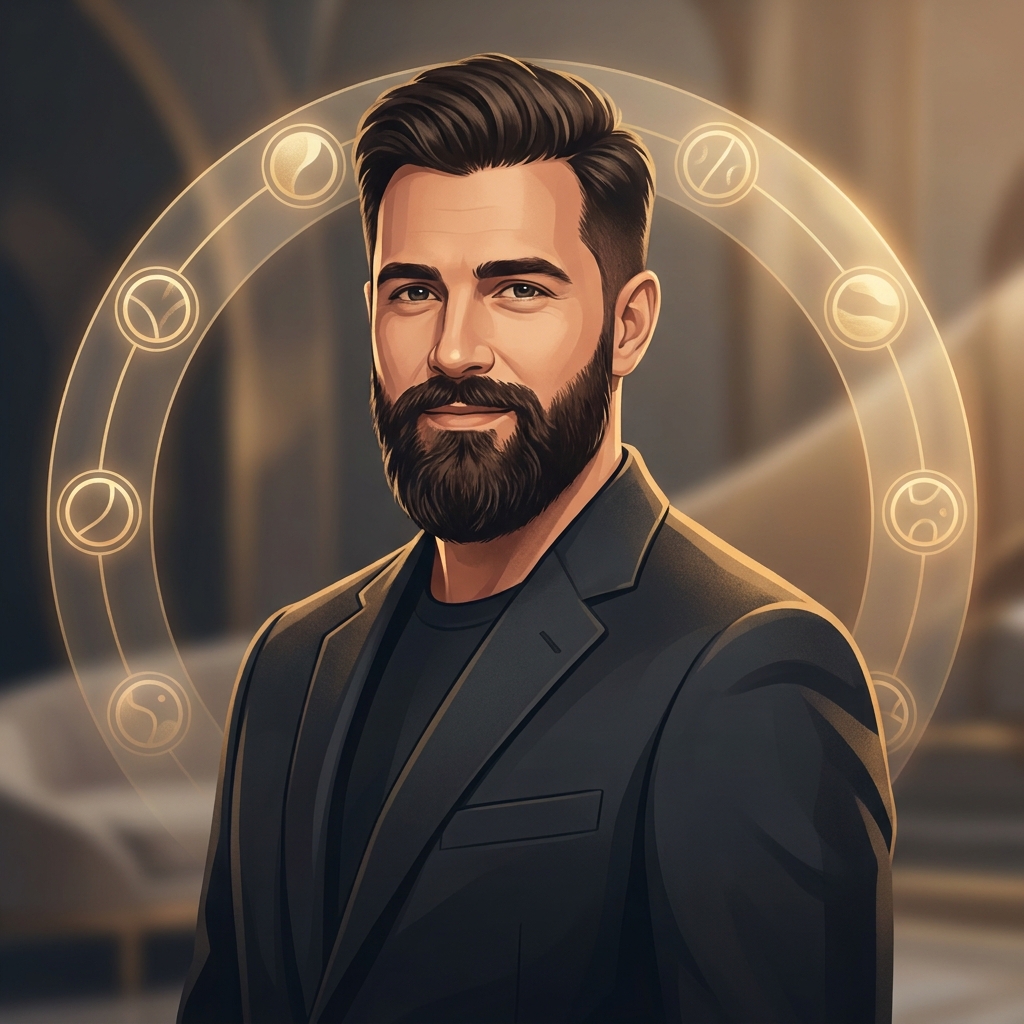 Illustrated man with full beard representing the beard hair transplant growth timeline journey over 18 months