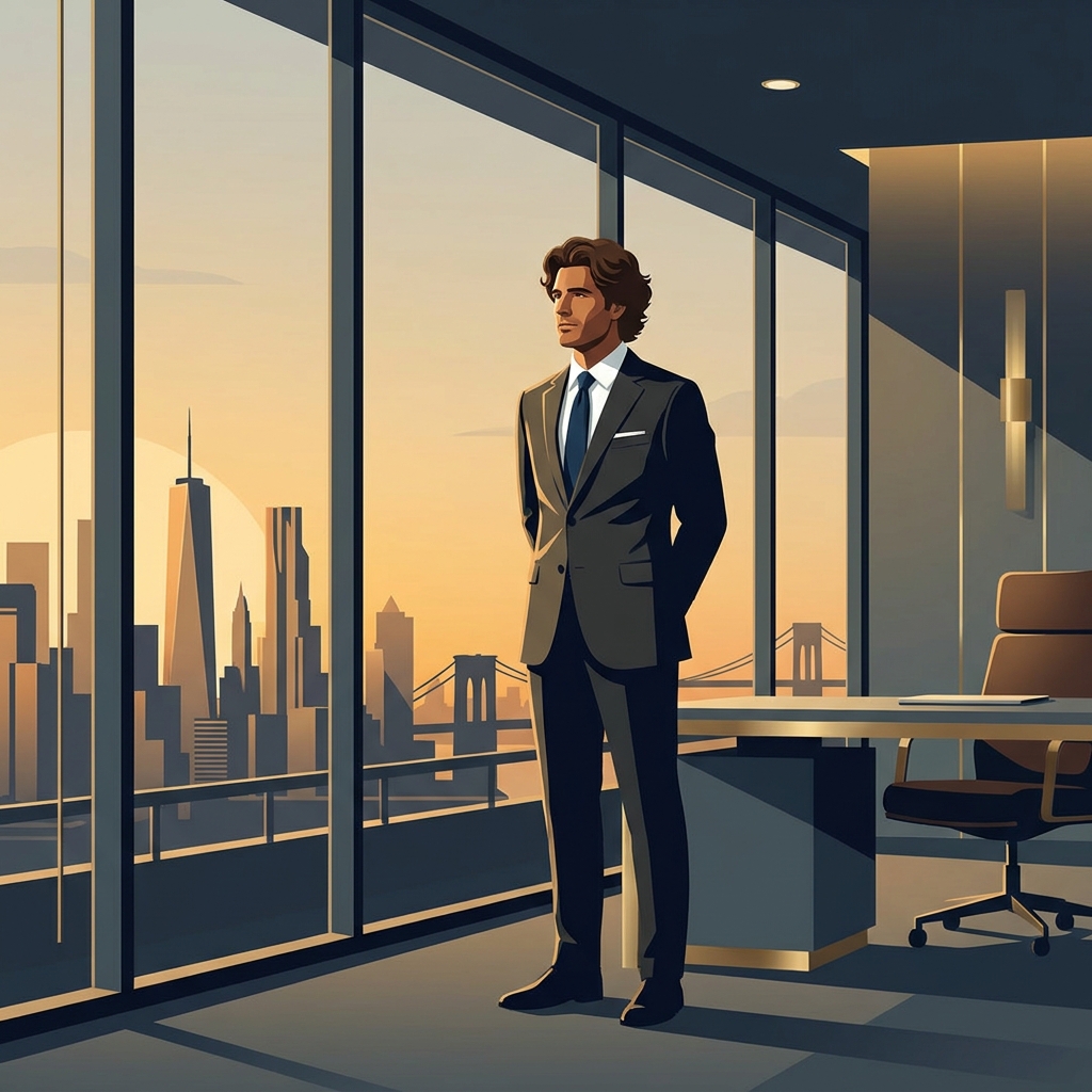 Confident executive with full hair standing in Manhattan office, representing discretion in hair transplant for executives and professionals