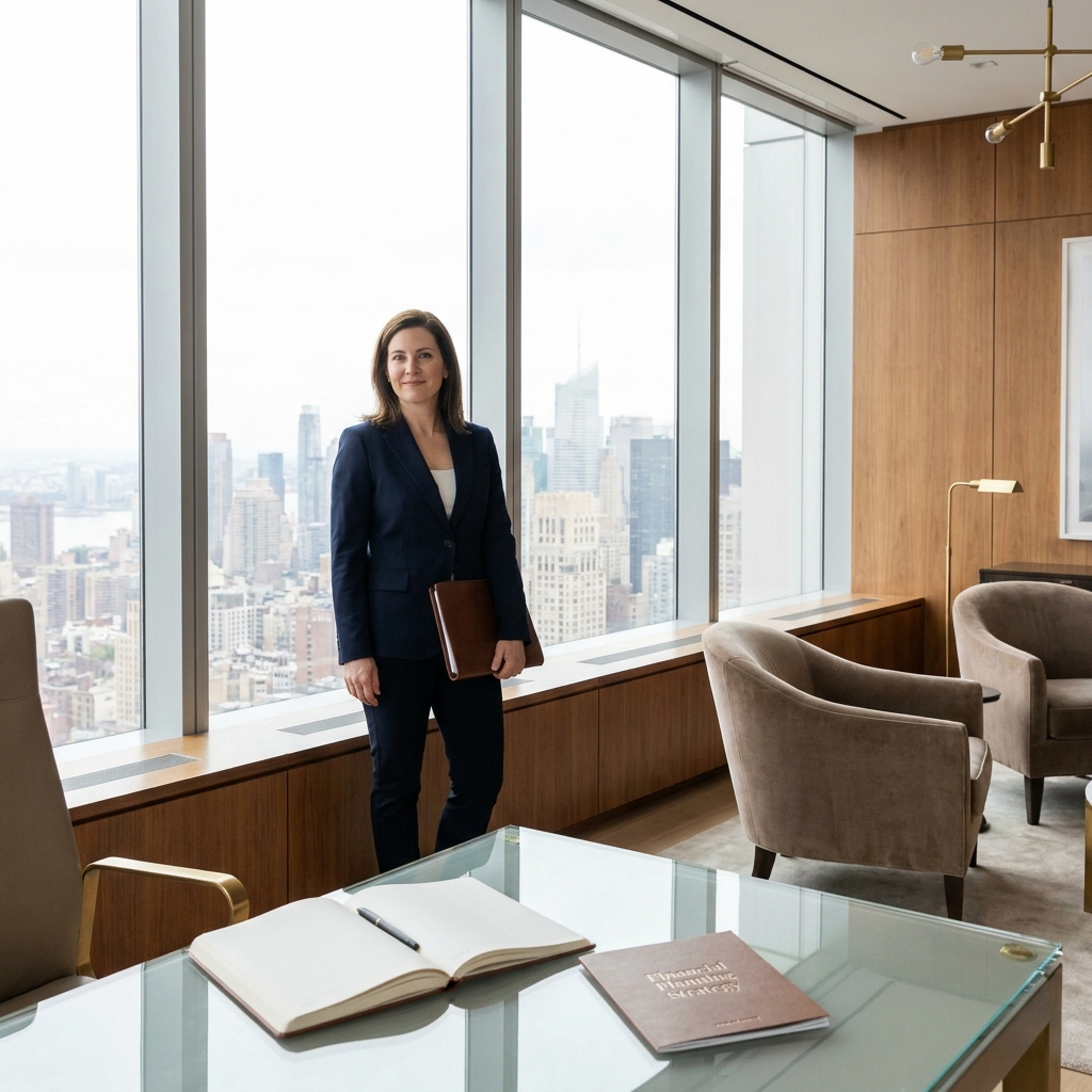Professional reviewing financial documents in a modern NYC office, representing hair transplant insurance coverage planning in the US.