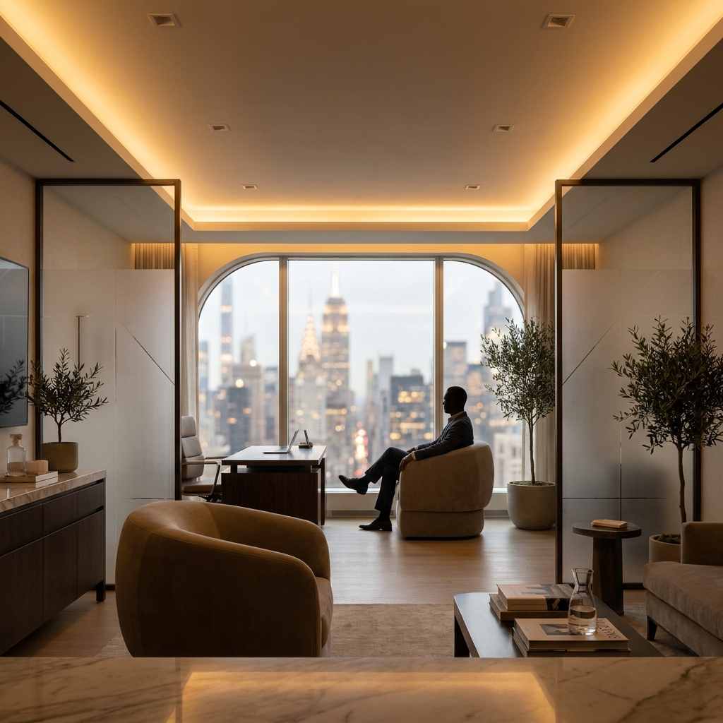 Luxury hair transplant consultation office in New York City with Manhattan skyline view, conveying premium care