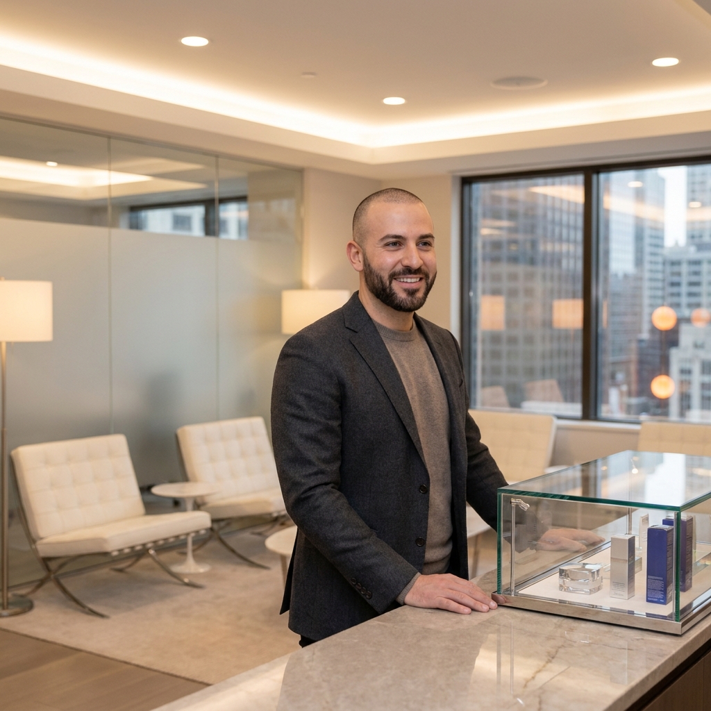 Confident man with natural-looking scalp micropigmentation results in a modern medical aesthetic clinic