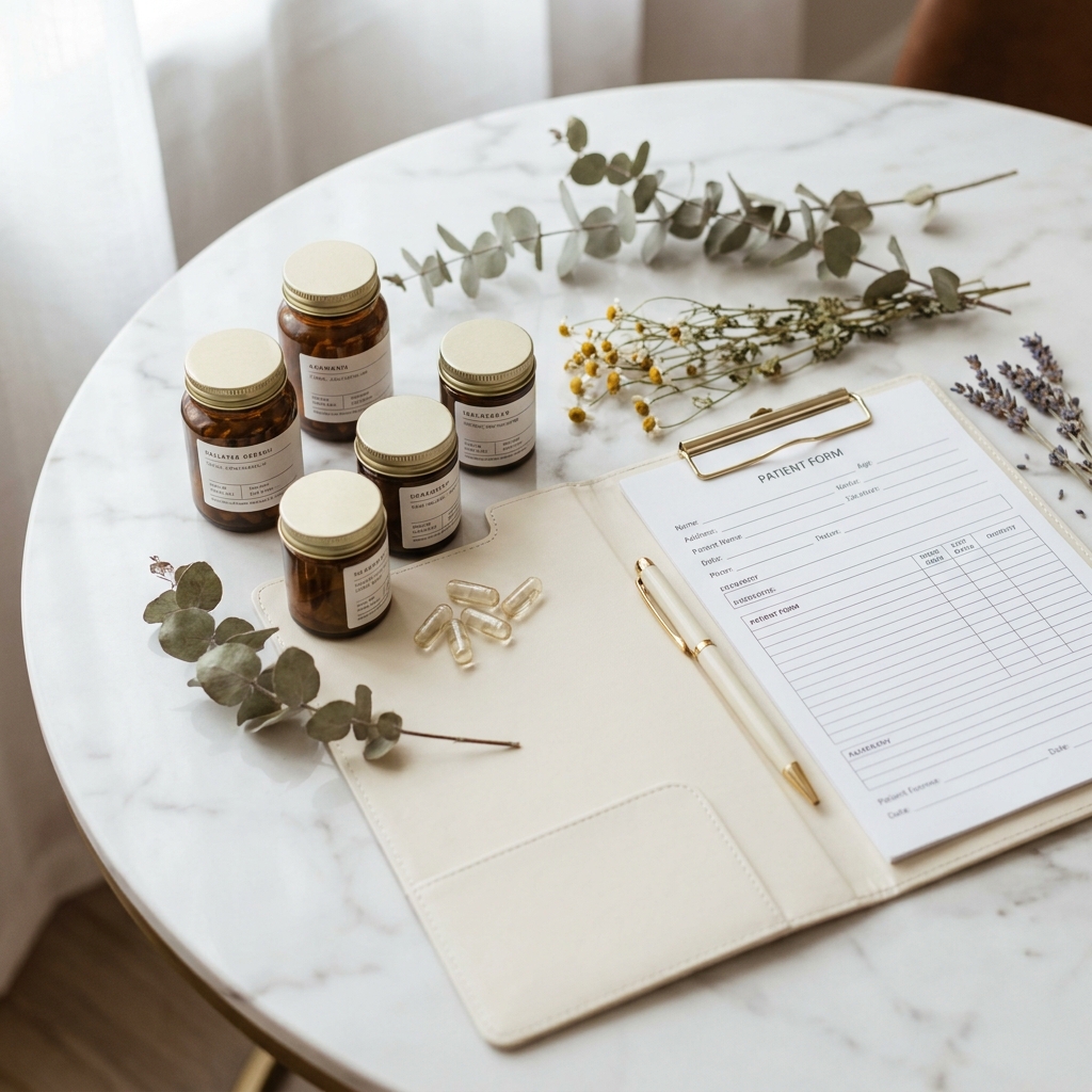 Organized medication and supplement bottles representing hair transplant blood thinners and medication considerations before surgery