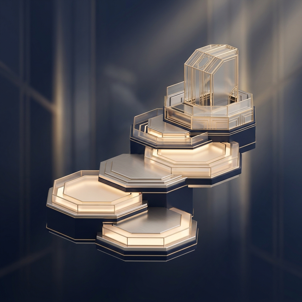 Tiered architectural framework illustration representing advanced hair restoration clinical complexity levels in platinum and gold tones