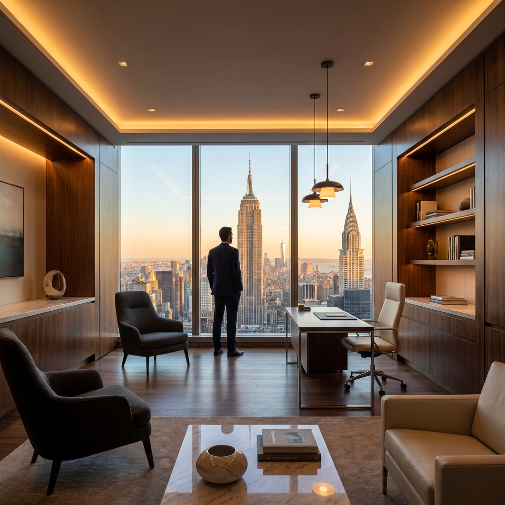 Elegant hair transplant New York City Madison Avenue clinic interior with Midtown Manhattan skyline view