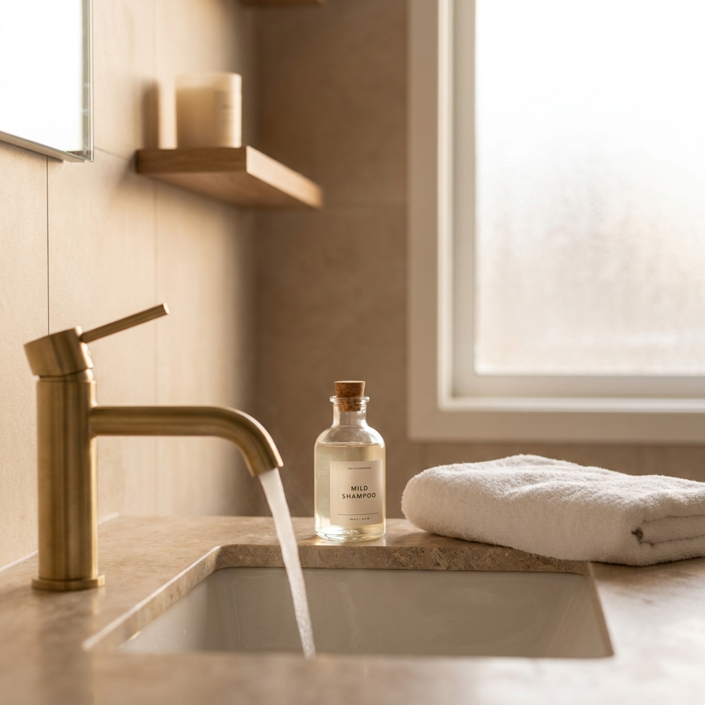 Gentle warm water and mild shampoo on a clean bathroom counter representing hair transplant washing instructions first week