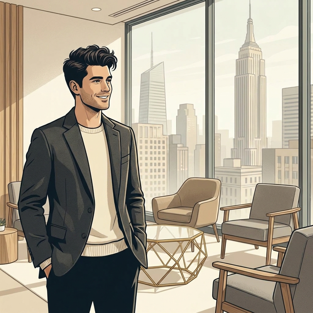 Confident man with natural-looking hair in a modern NYC hair restoration clinic, representing today's advanced hair plugs transplant results.