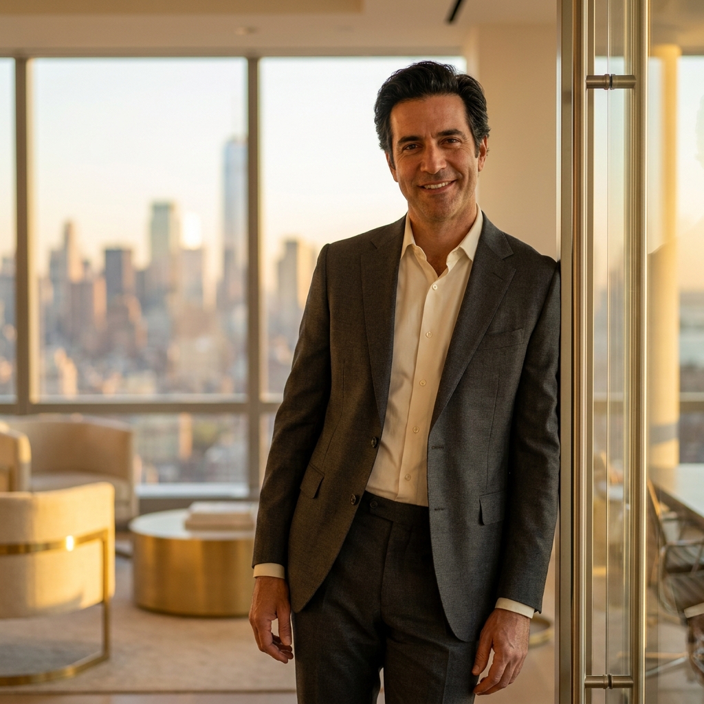 Confident man with full natural hairline in Manhattan office, representing the best hair transplant options for men in New York City