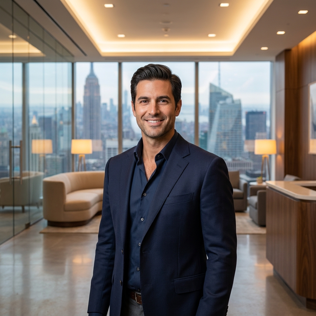 Confident man with restored hairline in a modern NYC hair surgery transplant clinic setting