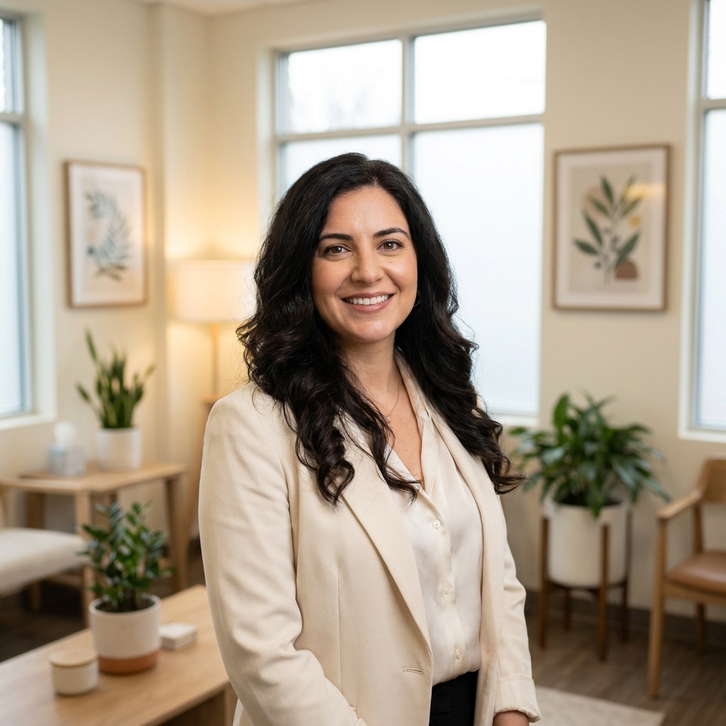 Confident woman with healthy hair in a modern clinical setting, representing the best hair loss treatment for female patients.