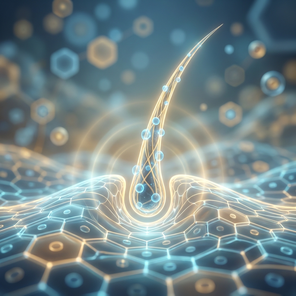 Glowing hair follicle illustration representing stem cell therapy for hair restoration research and science