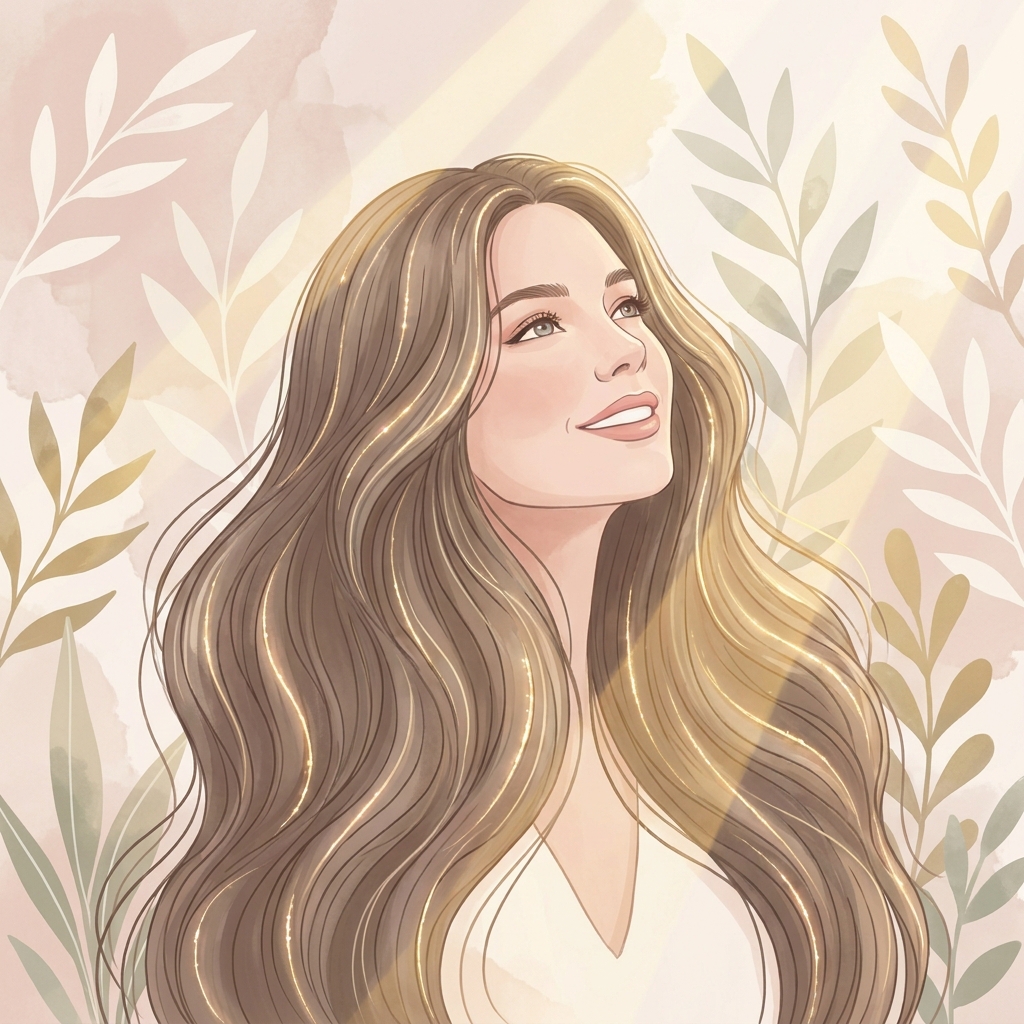 Woman with healthy flowing hair in warm light, representing postpartum hair loss recovery timeline