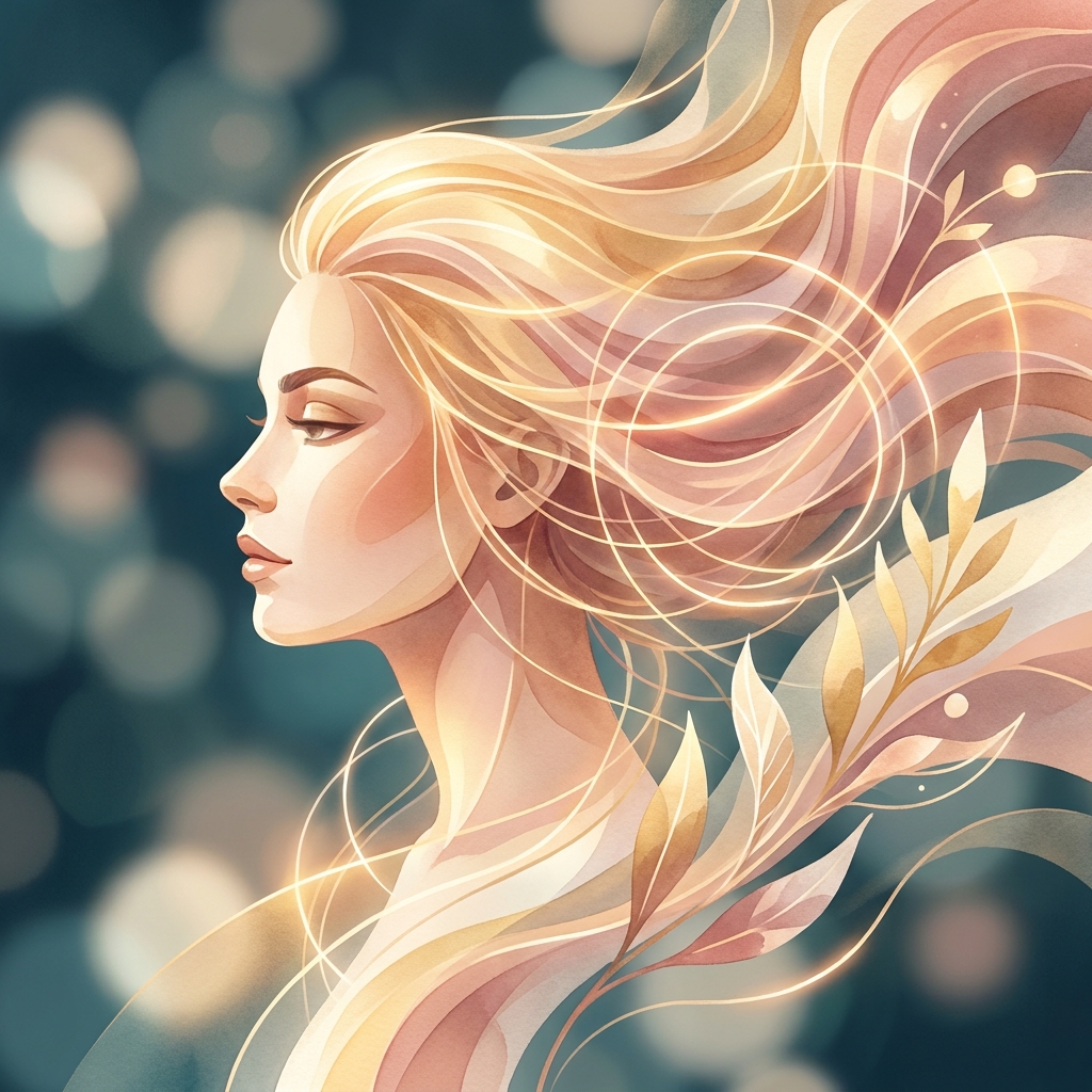 Conceptual illustration representing hair loss in women hormonal causes explained through glowing biological pathways and flowing hair strands