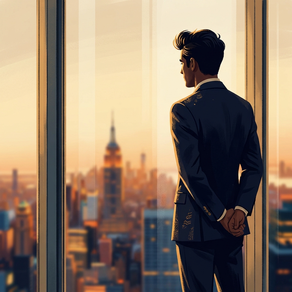 Confident man with restored hair overlooking Manhattan skyline, representing male pattern baldness stages and treatment options