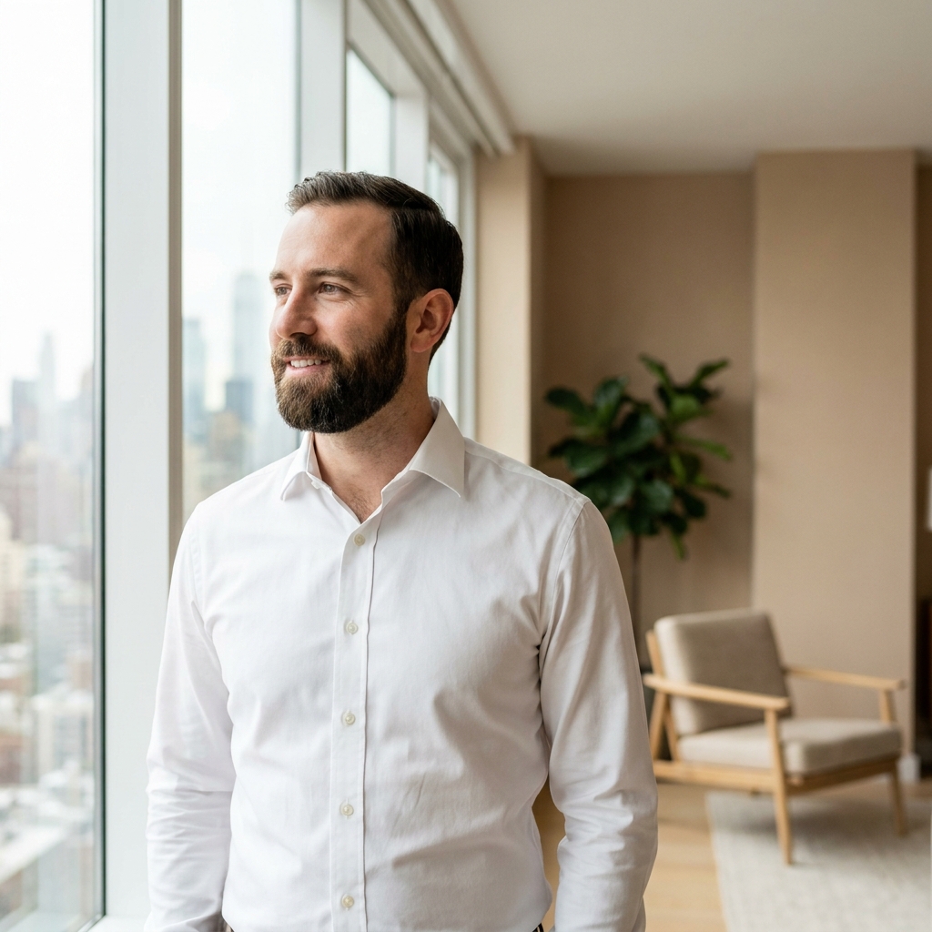 Confident man with a full beard in a modern NYC setting, representing beard transplant recovery results