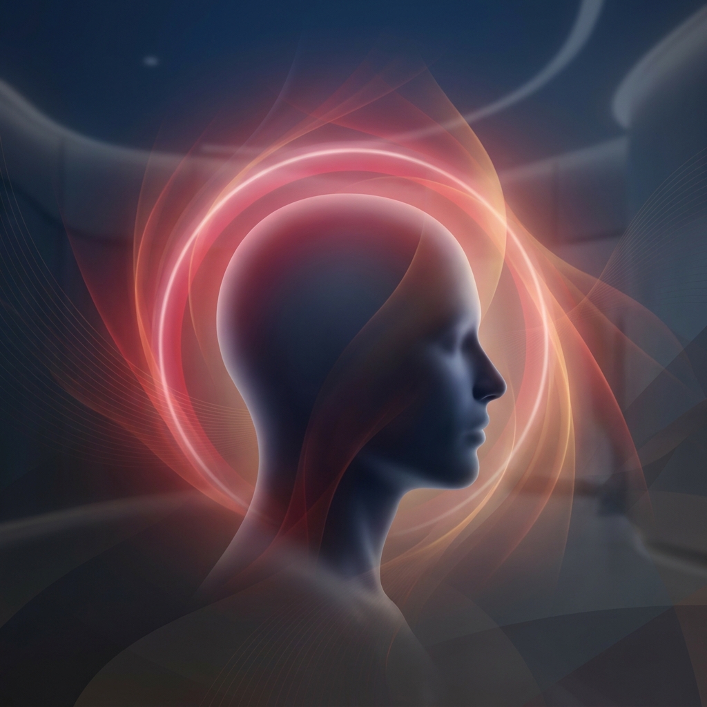 Conceptual illustration of red light therapy for hair loss, showing a profile silhouette bathed in warm red therapeutic light