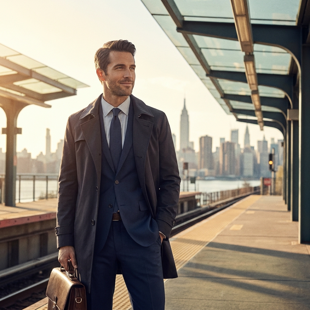 Man commuting from Long Island to Manhattan for a hair transplant consultation, LIRR platform with city skyline