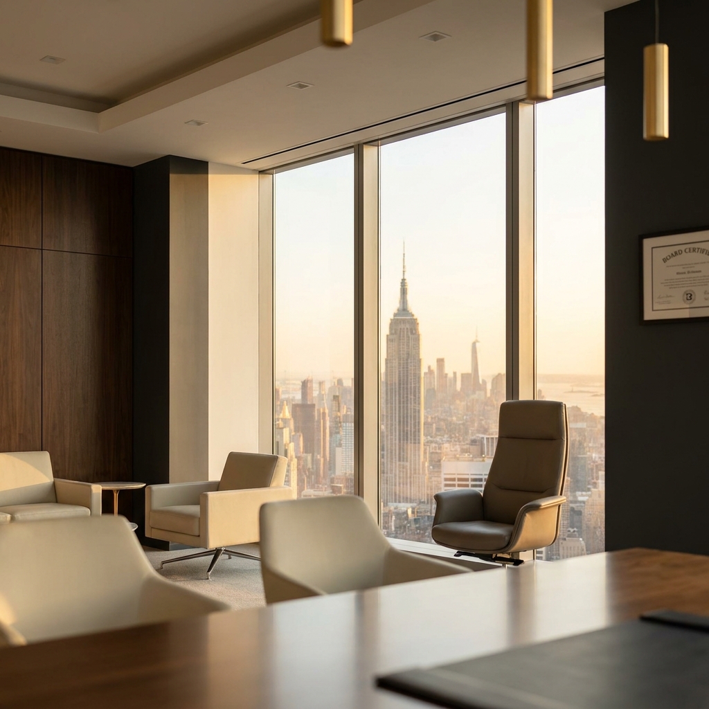 Luxury FUE hair transplant consultation room in New York City with Manhattan skyline view