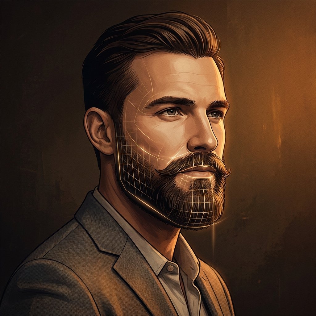 Illustrated man with sculpted full beard showing clinical zone mapping for beard transplant before and after evaluation