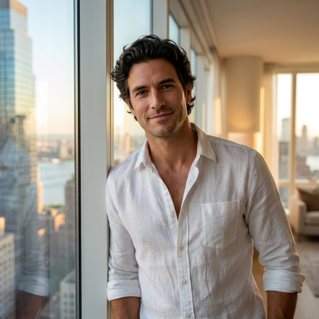 Confident man with full healthy hair overlooking Manhattan skyline, representing permanent hair replacement transplant results