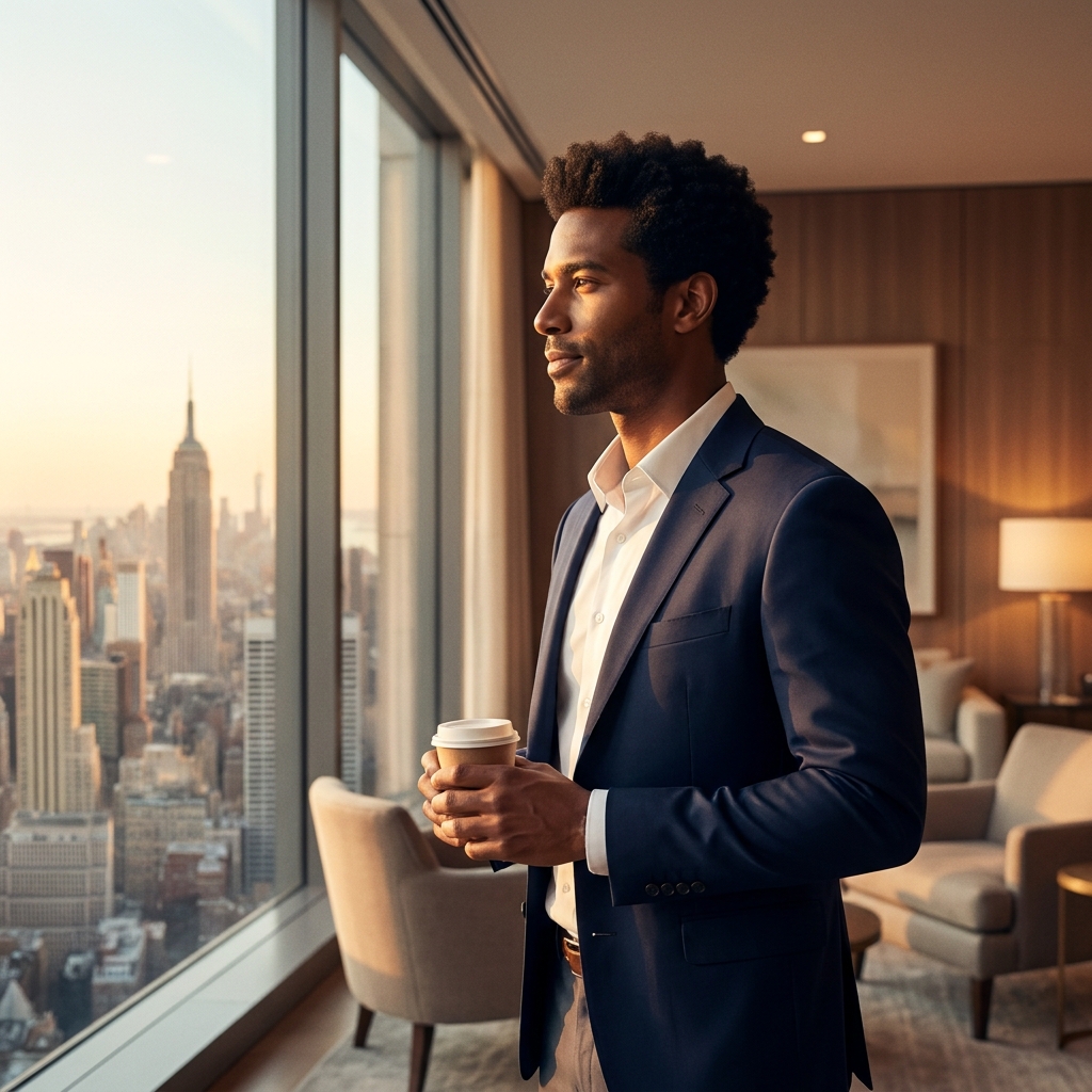 Confident man with restored hairline in a modern Manhattan setting, representing FUE hair transplant results near NYC.