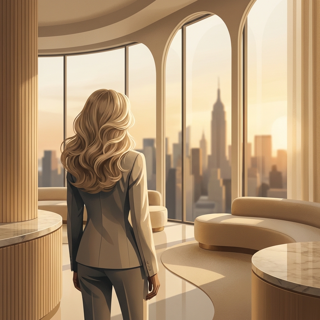 Person with restored healthy hair in a modern Manhattan clinic setting, representing PRP hair restoration outcomes.