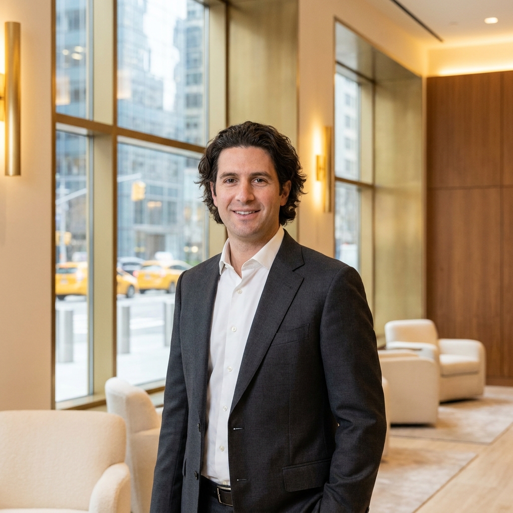 Confident man with full hair in a luxury Manhattan clinic, representing excellence in hair transplant near me searches.